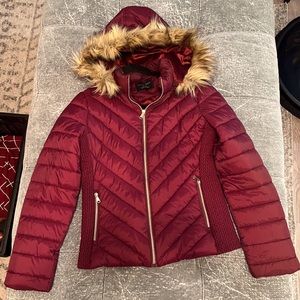 Beautiful Love Tree Maroon Jacket Coat Fur Hood Medium